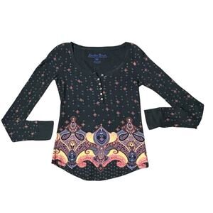Lucky Tees Top Womens Size XS Black Multicolor Henley Paisley Cotton Knit Indie